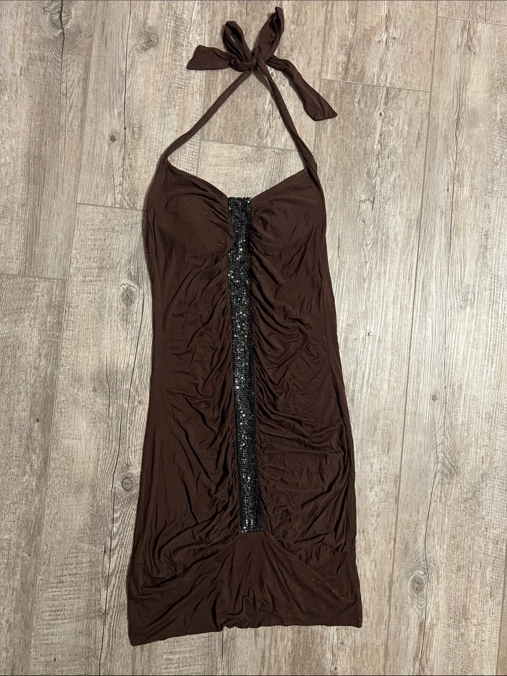 Abella Brown Halter Mini Dress with Black Sequin Center